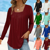 Women's Pleated Square Collar Long Sleeve Imitation Cotton Large Size T-shirt