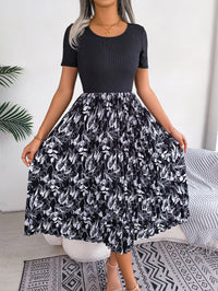 Women   Casual Leaf Print High Waist Pleated Midi Dress