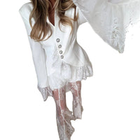 Womens Pure White Lace-Patchwork Suit Fashionable Two-Piece Set