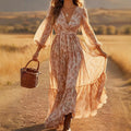Long-sleeve High-waisted Bohemian Maxi Dress