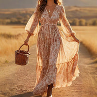 Long-sleeve High-waisted Bohemian Maxi Dress