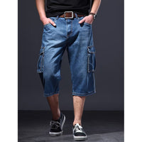 American-style Loose-fit Multi-pocket Workwear Denim Capri Pants