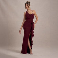 Sexy Asymmetrical Halterneck Three-Dimensional Floral Slim-Fit Split Evening Gown