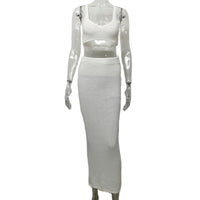 New Style Knitted Fashionable Womens Strappy Tube Top And Solid-Colored Sheath Maxi Dress Two-Piece Set