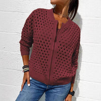 Fashion Hollow Knitted Jacket Zip-up Long-sleeved Tops Women's Clothing