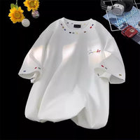Retro High-Street Embroidered Loose-Fit Half-Sleeve Top