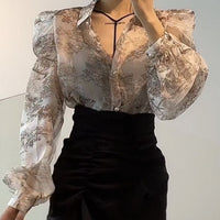 Chinese Style Ink Painting Printed Shirt For Women
