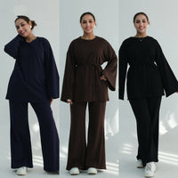 Middle Eastern-style Minimalist And Elegant Long-sleeve Wide-leg Pants Set