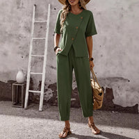 Elegant Buttoned Short-Sleeve Pants Casual Two-Piece Set