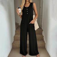 Womens Solid-Color Casual All-Match Jumpsuit