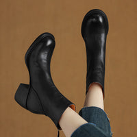 French-Style Retro Brown Round-Toe Ankle Boots