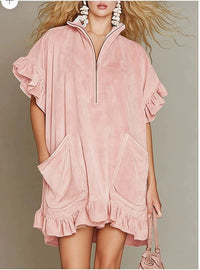 Short-sleeve Double-pocket Dress With Zipper And Ruffled Hem, A-line Womens Outfit