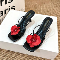 Fashionable Niche Flower Slippers, Comfortable Square Toe, Exposed Toe, Cool Drag, Thick Heel, Half Drag High Heels