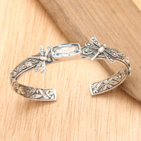 Womens Retro Floral Dragonfly Open Cuff Bracelet