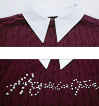 Fake Two-piece Design Thickened Sweater Pearl Embellished Knitted Top