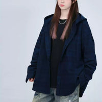 Spring New Men And Women Blue Plaid Hooded Long-sleeved Shirt