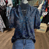 Printed Ruffle-Sleeve V-Neck Pullover Shirt