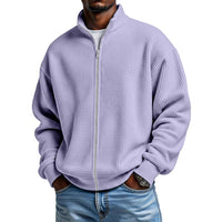 Mens Minimalist Solid-Color Waffle-Weave Stand-Up Collar Zip-Up Jacket