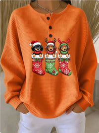 Womens Retro Printed Three-Button Stand-Up Collar Sweatshirt Top