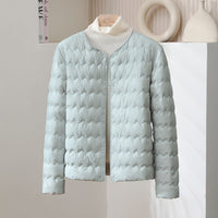 Womens Short Puff Jacket With A Ruffled Crew Neck