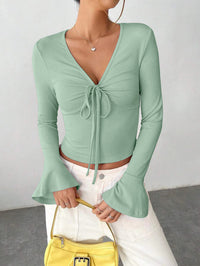 Womens Autumn City-style Blouse With A Notched Collar And Self-tie Cuffs