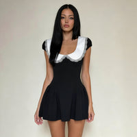 French Chic Black And White Colorblock Lace-trimmed Neckline Defined-waist Dress