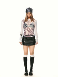 See-through Mesh Slim Fit Long Sleeve Plaid Underwear T-shirt Top