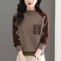 New FallWinter Half-High Round-Neck Colorblock Knit Sweater