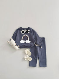 Baby Multi-color Rainbow Patchwork Cloud Embroidery Top And Pants Set