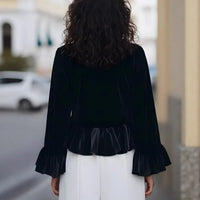 Womens Solid-Color Long-Sleeve Crew-Neck Ruffle-Trim Sweatshirt Top