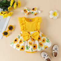 Girls' Lace Edge Sunken Stripe Sleeveless Stitching Flower Print Romper
