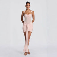 Lace-up Mesh Halterneck Patchwork Ribbon Sheath Dress