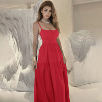 Spaghetti Strap Backless Long Solid Color Flowy Dress