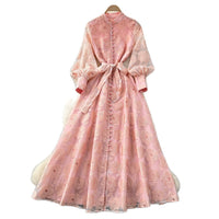 French Romantic Style Stand Collar Lantern Sleeve Heavy Embroidery Dress