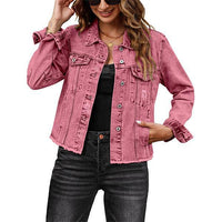 Female Solid Color Casual Embossed Denim Jacket Button Top