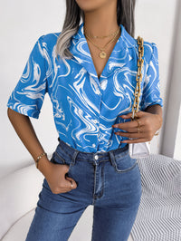 Women's Casual Notched Lapel Color Block Loose Short Sleeve Shirt