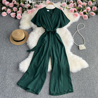 Retro Fashionable Temperament V-neck Short-sleeved Waist Jumpsuit