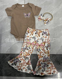 Girl Butterfly Short Sleeved Kazakhstan Bell-bottom Pants Suit Khaki