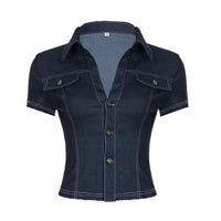 Retro Street Workwear Lapel Pocket Denim Shirt For Women