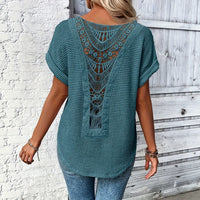 Womens Simple Versatile Lace-Patchwork Crew-Neck Short-Sleeve Top