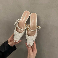 2026 New Arrival Elegant Lady Style Pearl Low Heel Mules, Fashion Women's Sandals