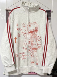 Striped Anime-Print Zip-Up Hoodie With Long Sleeves And A Hood