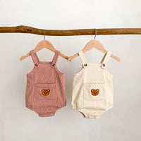 Baby Boys And Girls Corduroy Bear Pocket Strap Romper