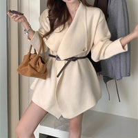 Irregular Lapel Mid-length Knitted Cardigan Casual Laid-back Style
