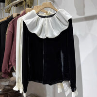 Lotus-Leaf Collar Patchwork Gold Velvet Shirt For Women