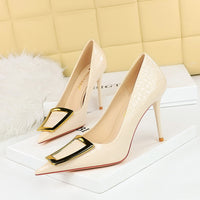 Slimming High-Heel Shallow-Toe Pointed-Toe Womens Shoes With Metal Buckle