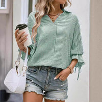 Spring And Summer Striped Flared Batwing Sleeve 34 Sleeve Back Slit V-neck Casual Shirt
