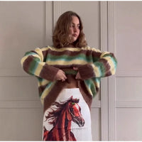 Comfortable Casual Colorful Crew Neck Striped Knit Sweater