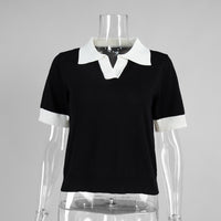 Elegant Commuter Polo-Neck Contrast-Color Loose Knit Top