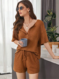 New Womens Short-Sleeve Waffle-Weave Casual Set
